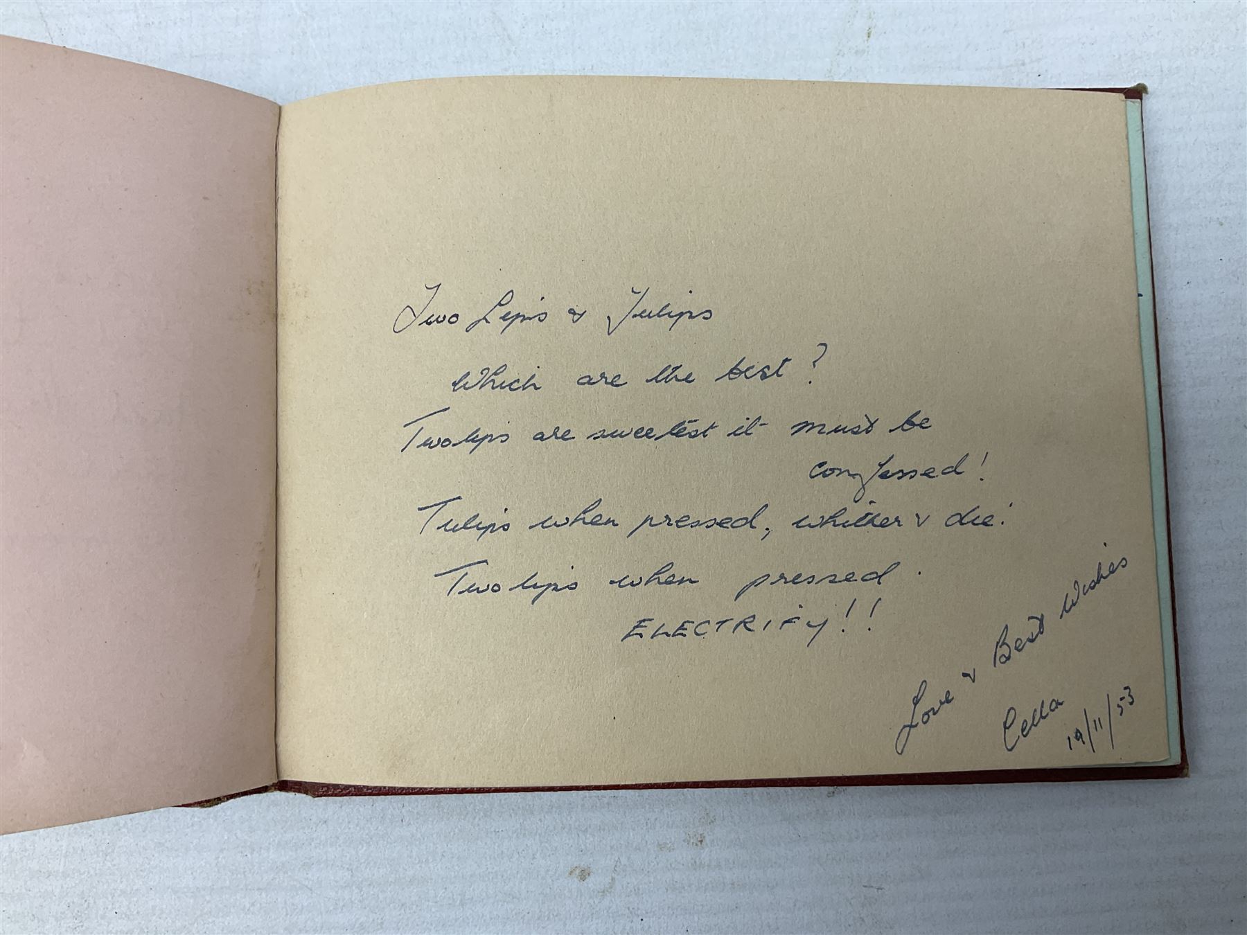 Mid 20th century autograph book, to include autographs from Beverley Sisters, Reg Varney, Ronnie Verrell, Betty Mitchell, etc, poems and verses etc