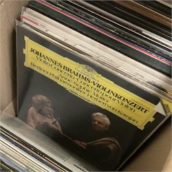Collection of vinyl LP records in four boxes, mainly Jazz and Classical including Piano Rags by Scott Joplin, Sarah Vaughn, Duke Ellington and His Orchestra and Louis Armstrong, etc