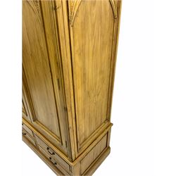 Gothic polished pine double wardrobe, fitted with four drawers