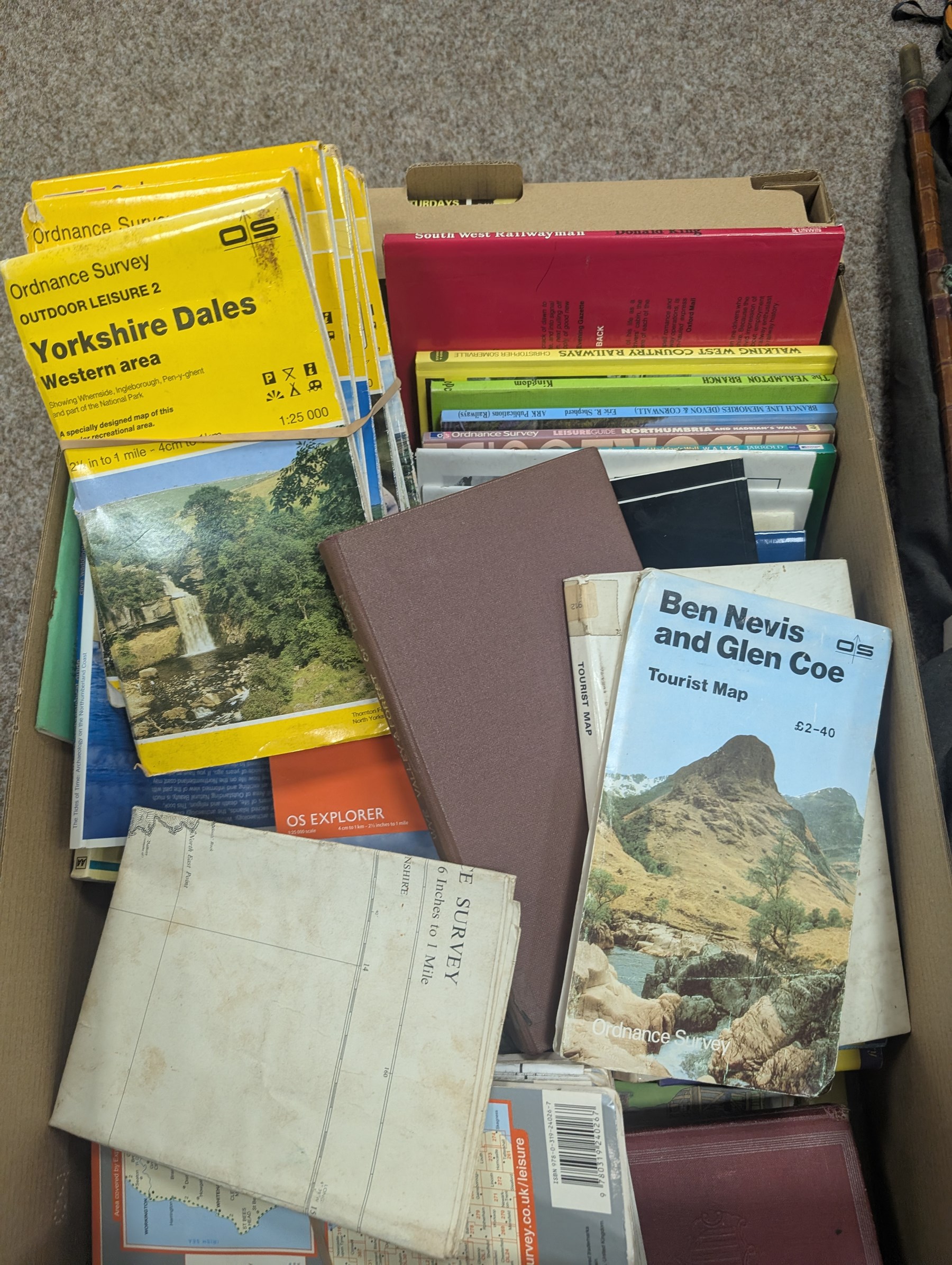 Fishing rods including split cane, fly and The Midlander example, together with a collection of railway reference books and maps including Ordnance Survey