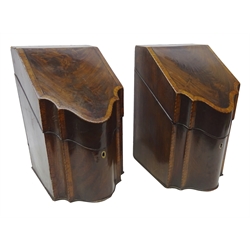  Pair George III figured mahogany knife boxes, each with hinged sloping lid, serpentine front and rosewood crossbanding, H37cm x W23cm   