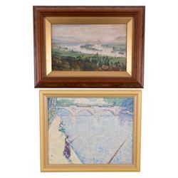 Dimitar Keshishev (Russian/Bulgarian Contemporary): 'Nostalgia', abstract acrylic on canvas signed and dated '09, 16cm x 19cm; French School, Impressionist River scene, oil on board 18cm x 23cm; Chinese silk panel, oil of Cologne and and a pair of miniature coloured engravings of Cambridge (6)