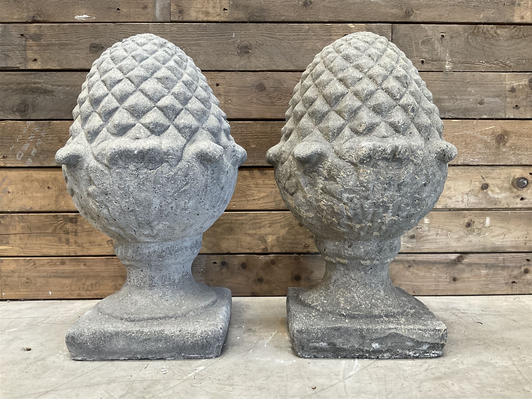 Pair of cast stone Pineapple wall top or gatepost pier finials