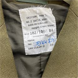 Two post-WWII British Army No.2 Dress tunics, one with Green Howards buttons; army shirt dated 1951; Royal Fleet Auxilliary jacket with trousers; three RAF/WAAF uniforms and RAF Greatcoat; and three canvas/webbing bags, two dated 1943 & 1945