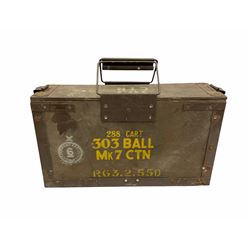 303 metal bound wooden ammunition box with folding handles, H23cm W40.5cm, together with three oil lamps. 
