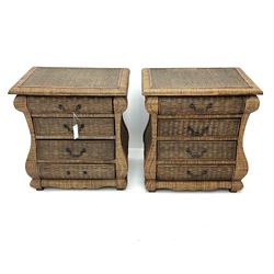Pair of wicker style bedside tables, shaped edging, four graduating drawers, stile supports 