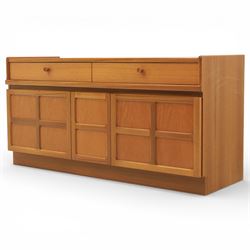 Nathan - 'Squares' low media sideboard, rectangular top over two drawers, above signature square panelled cabinet doors revealing storage for records, on a recessed base