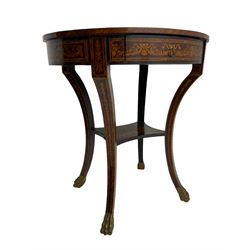 19th century Italian Kingwood oval side table, the top inlaid with a classical religious festival scene with the goddess and her handmaidens in a cart pulled by putti, within ribbon tied foliage border with cameo portraits, single frieze drawer, on four saber supports joined by shaped undertier, with gilt carved paw feet