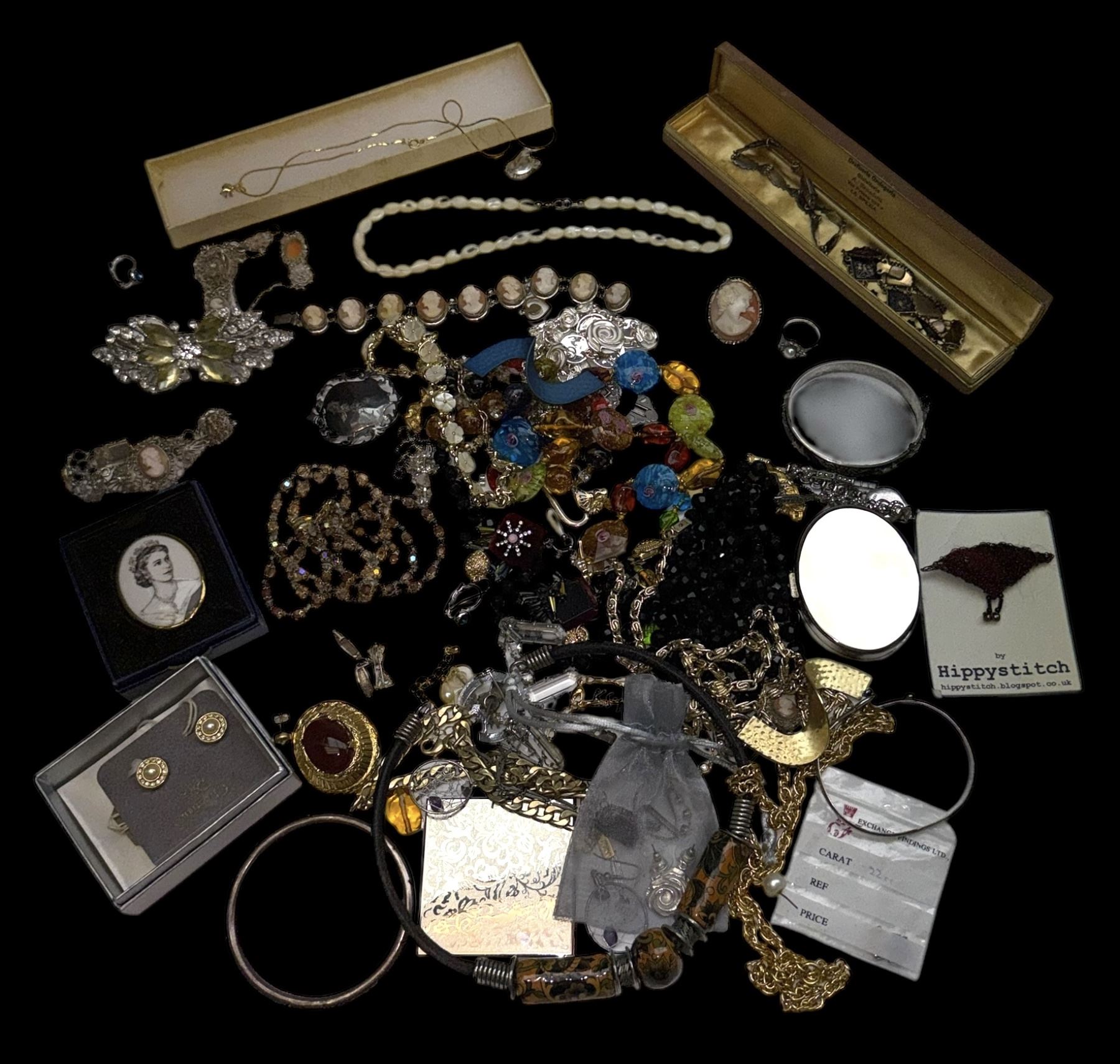Silver stone set jewellery, including Siam silver brooch and bracelets and continental silver cameo jewellery, together with a collection of costume jewellery, including pair of stud earrings stamped for Christian Dior