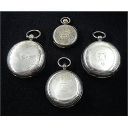 Three 19th century silver open face pocket watches by Waltham Mass, No. 6209147, retailed by B. Leefe & Sons, Malton, Beha Lickert & Co, Norwich, No. 96025 and one numbered 8596 and a silver fob watch (4)