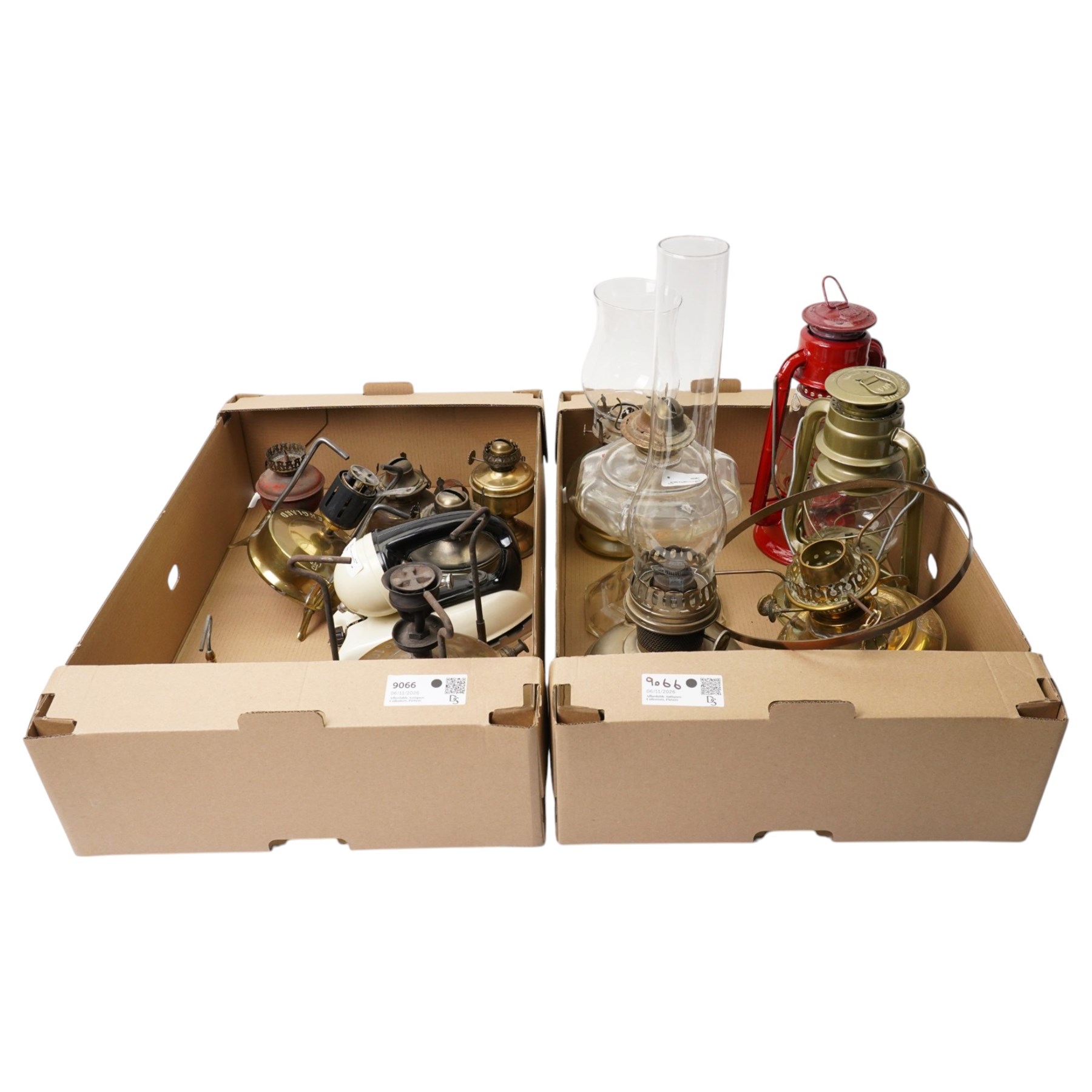 Swedish copper King of Stoves, another smaller, Tilley paraffin pressure iron, various table oil lamps and hurricane lamps
