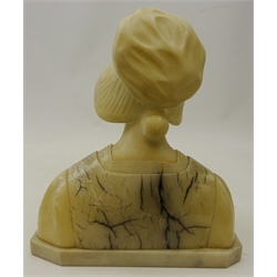  Early 20th century carved alabaster bust of a young girl wearing a bonnet, her garment with veined alabaster panels and carved collar  after Richard Aurili, on marble plinth, inscribed to reverse, H28cm x L24cm   