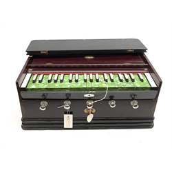 Indian portable harmonium by Kamala with mahogany stained wooden case and green pearline keys L56cm