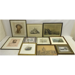  Collection of 18th and 19th century engravings, including 'Flamborough Head' by EF Finden after G Balmer, 'A View of the Port of Bethune' after G Ochiale pub. 1750, 'Pickering' after N Whittock pub. 1881, and a 19th century map of Hertfordshire with later hand colouring, max 36cm x 43cm (11)  