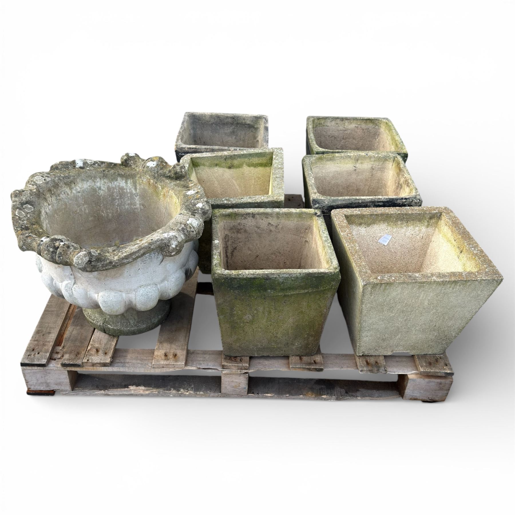 Collection of six square cast stone planters along with cast stone urn 