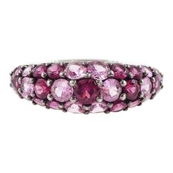 9ct white gold three row pink sapphire and garnet ring, hallmarked