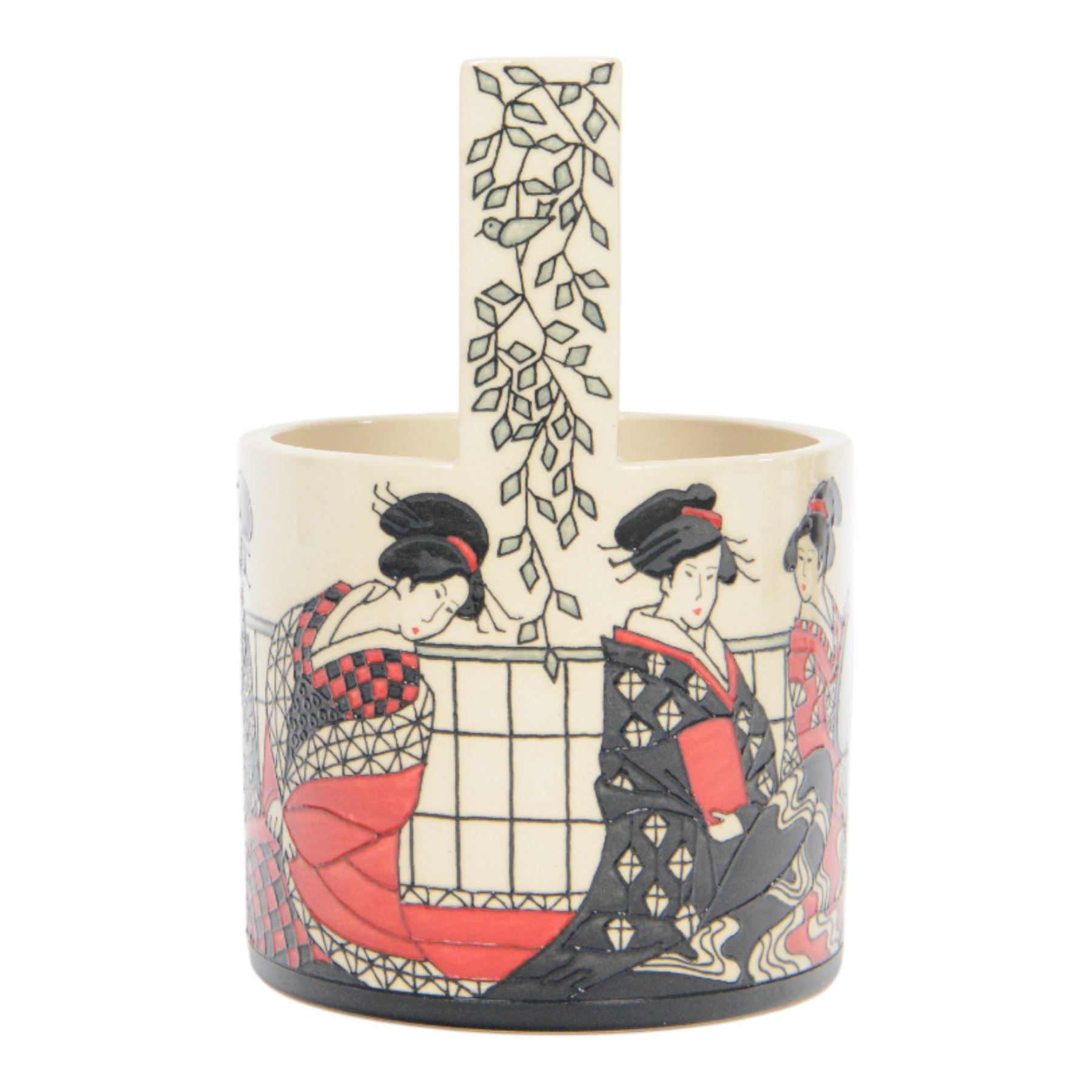 Dennis Chinaworks Geisha basket, designed by Sally Tuffin dated 2012 limited edition no. 9/10, of cylindrical form with handle, decorated with six geisha dressed in red, white and black kimonos, impressed and painted marks beneath, H23cm