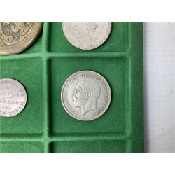 Coins and medallions including, York 1811 one shilling cattle and barber silver token, United States of America 1883O silver Morgan dollar, birds of destiny medal by Malcolm Appleby, Great British King George V 1930 halfcrown, King Edward VII 1902 silver medal, King George V 1916 halfcrown etc, housed in a case with lift out green coin trays