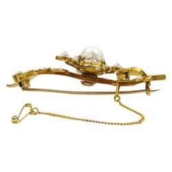 Early 20th century 18ct gold pearl and old cut diamond flower brooch, stamped 18.c, total diamond wight approx 2.60 carat