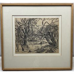 Anne Estelle Rice (American/British 1879-1959): 'Fisherman by a River Amongst Trees', pencil and charcoal unsigned, titled on exhibition label with studio stamp verso 28cm x 34cm
Provenance: exh. Fosse Gallery, Stow-on-the-Wold, December 1986, with the artist's son David Drey
