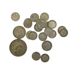Approximately 50 grams of pre 1920 and approximately 47 grams of pre 1947 Great British silver coins, King George V India 1911 one rupee, South Africa 1897 two and a half shillings (holed) and other coinage