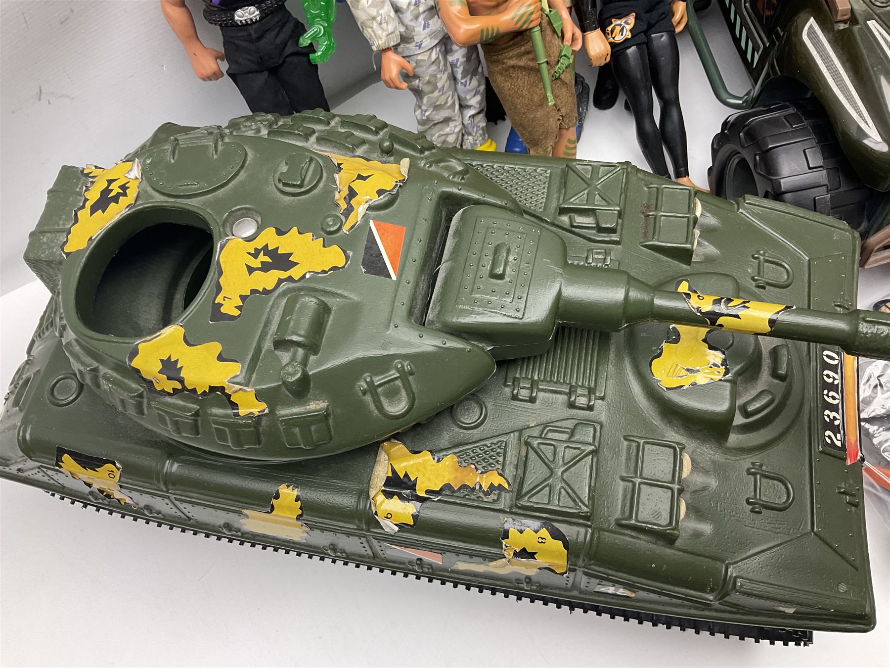 Action Man - Hasbro Strike Force Battle Tank by Sunny Smile; jeep; ten various period dressed figures; and quantity of weapons and other accessories including motorcycle etc