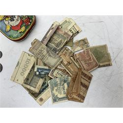 Collection of bank notes and coins, to include Irish 1928 floren, King George V 1931 shilling, cartwheel penny, Coins, stamps and miscellaneous collectibles, including Royal Life Saving Society medal, brooches, commemorative crowns etc