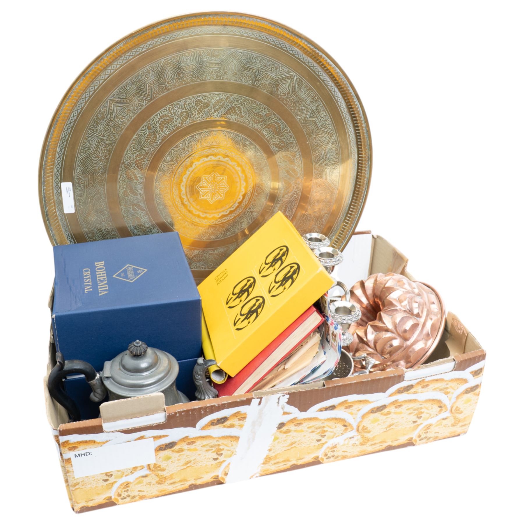 Copper jelly mould, Bohemia crystal decanter, boxed, assorted silver plated items, Benares brass tray, stamp albums and a Victorian pewter coffee pot