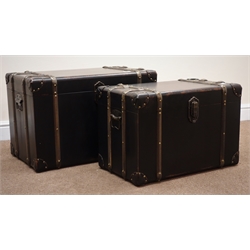  Set two graduating vintage style travelling trunks, wood and metal bound sides, hinged lid with stay and clasp, W72cm, H46cm, D42cm  