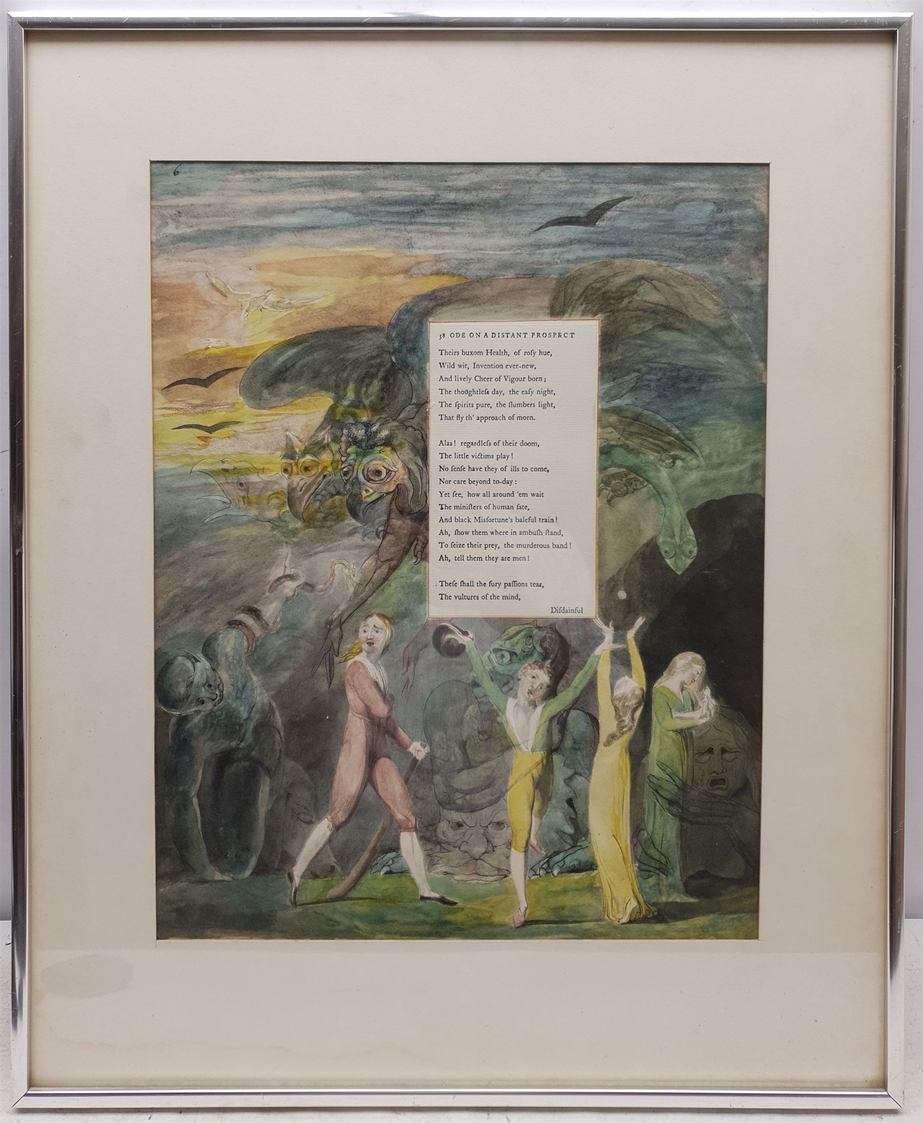 English School (Early 20th century): 'Ode on a Distant Prospect [of Eton College]', typewritten poem surrounded by a hand-coloured print of mythical figures unsigned 40cm x 32cm