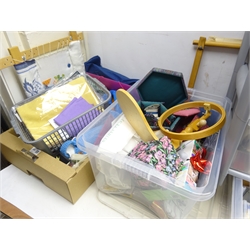  Quantity of Haberdashery including fabric, yarn, embroidery accessories, books, lamp, tapestry frames etc in eight boxes and set of plastic drawers   