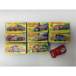 Matchbox 1-75 Series 'Superfast' ex-shop stock - eight models comprising 22d Freeman Intercity Commuter, 23e Volkswagen Camper, 29d Racing Mini, 30d Beach Buggy, 32d Maserati Bora, 34d Formula 1 Racing Car, 36d Hot Rod Draguar and 40d Vauxhall Gildsman 1; all boxed; and an unboxed 31d Volksdragon (9)