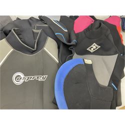 Collection of assorted wetsuits and diving items, to include 'Two Bare Feet' wetsuit size XL, 'Two Bare Feet' wetsuit size child 10, 'Wind Sub 3000 Wetsuit, size 46