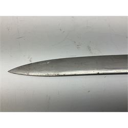 Turkish Model 1874 sword bayonet with 57.5cm curving steel fullered blade and chequered black grip, in steel mounted leather scabbard L75.5cm overall