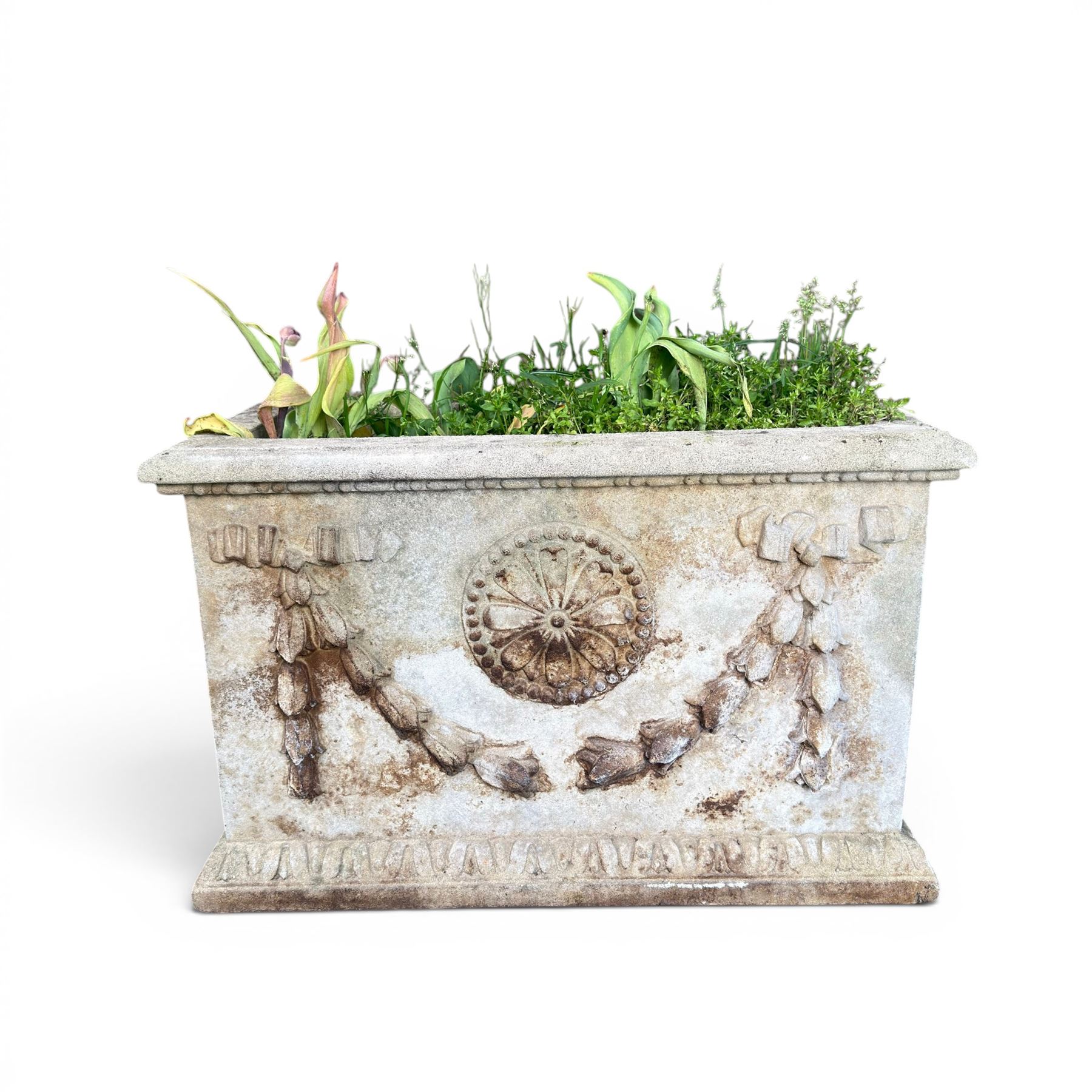 Haddon stone - cast rectangular planter, swag and motif detail, planted