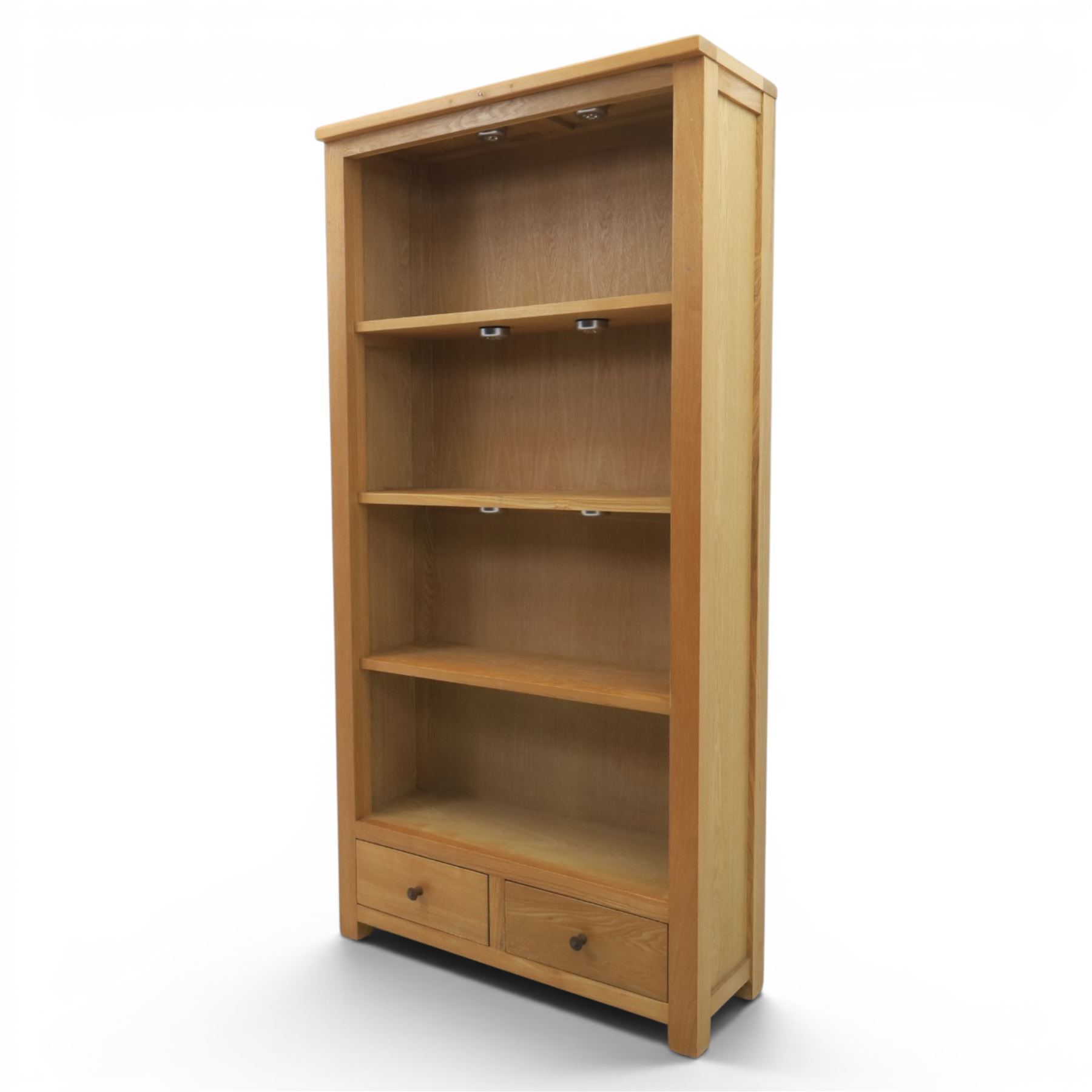 Contemporary oak open bookcase, fitted with two base drawers
