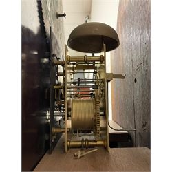 Penlington of Liverpool – early 19th century 8-day mahogany longcase clock, swans neck pediment with three turned wooden finials and verre eglomise panels, trunk with reeded columns and wavy topped door, plinth with canted corners on bracket feet, painted break-arch dial with Roman numerals and five-minute Arabic’s, centre sweep calendar and seconds hands, blue steel serpentine hands, signed beneath a painted rolling moon in the arch PENLINGTON, LIVERPOOL, eight day four pillar movement, anchor escapement and rack striking on a bell. With pendulum and weights.  The Penlington family were prolific clockmakers in 19th century Liverpool working from several addresses in the city, also recorded as chronometer and chronograph makers.