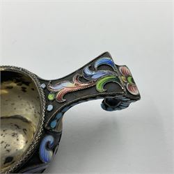 Late 19th century Russian silver kovsh, the body with polychrome cloisonne enamel floral decoration and turquoise enamel bead borders to base and handle, marked beneath with Kokoshnik mark, 84 standard, makers mark MC, possibly for Mikhail Fyodorovich Sokolov, L7cm, H3cm