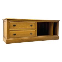 Contemporary oak television media cabinet, rectangular top with moulded edge, fitted with ...