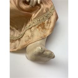 German bisque head doll with applied hair, sleeping eyes and open mouth with teeth and fixed tongue, on composition body with jointed limbs, marked 'P.M. 914 Germany 14' H65cm