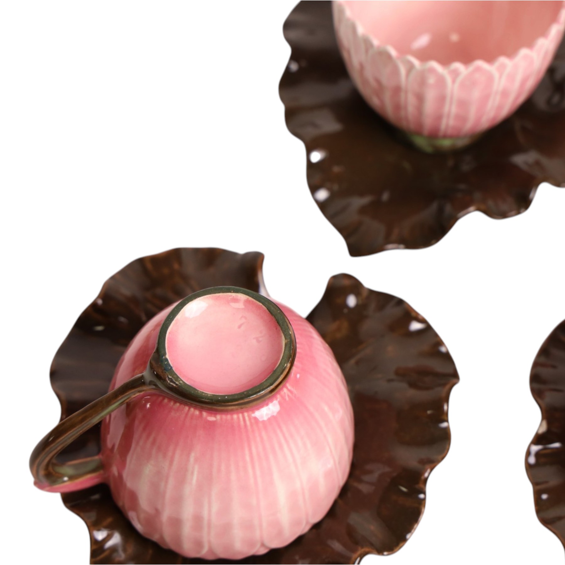 Set of six Zsolnay Pecs lotus moulded teacups and saucers, with impressed mark beneath, teacup D7cm