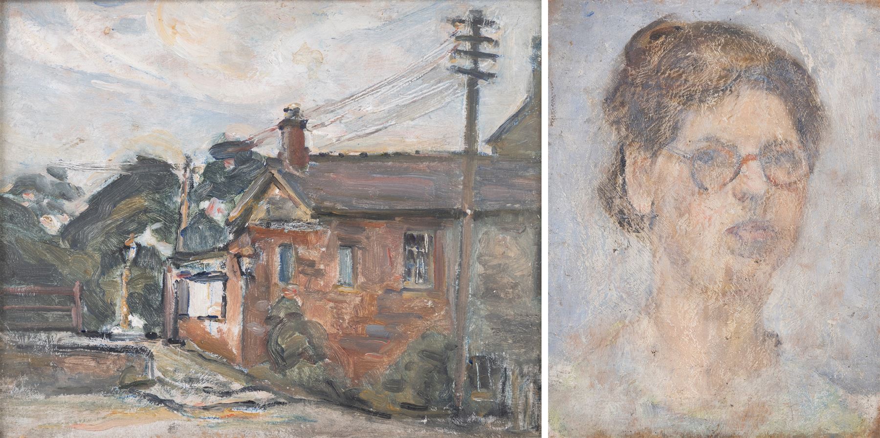 Florence Adelina Hess (Staithes Group 1891-1974): View of a Town and Portrait of a Lady - Believed to be a Self Portrait, two oils on panel unsigned, 22cm x 27cm and 21cm x 27cm (2) 
Provenance: from the collection of Doris Bilbrough (née Sykes), cook to the Hess household in the 1930s, thence by descent through the family.