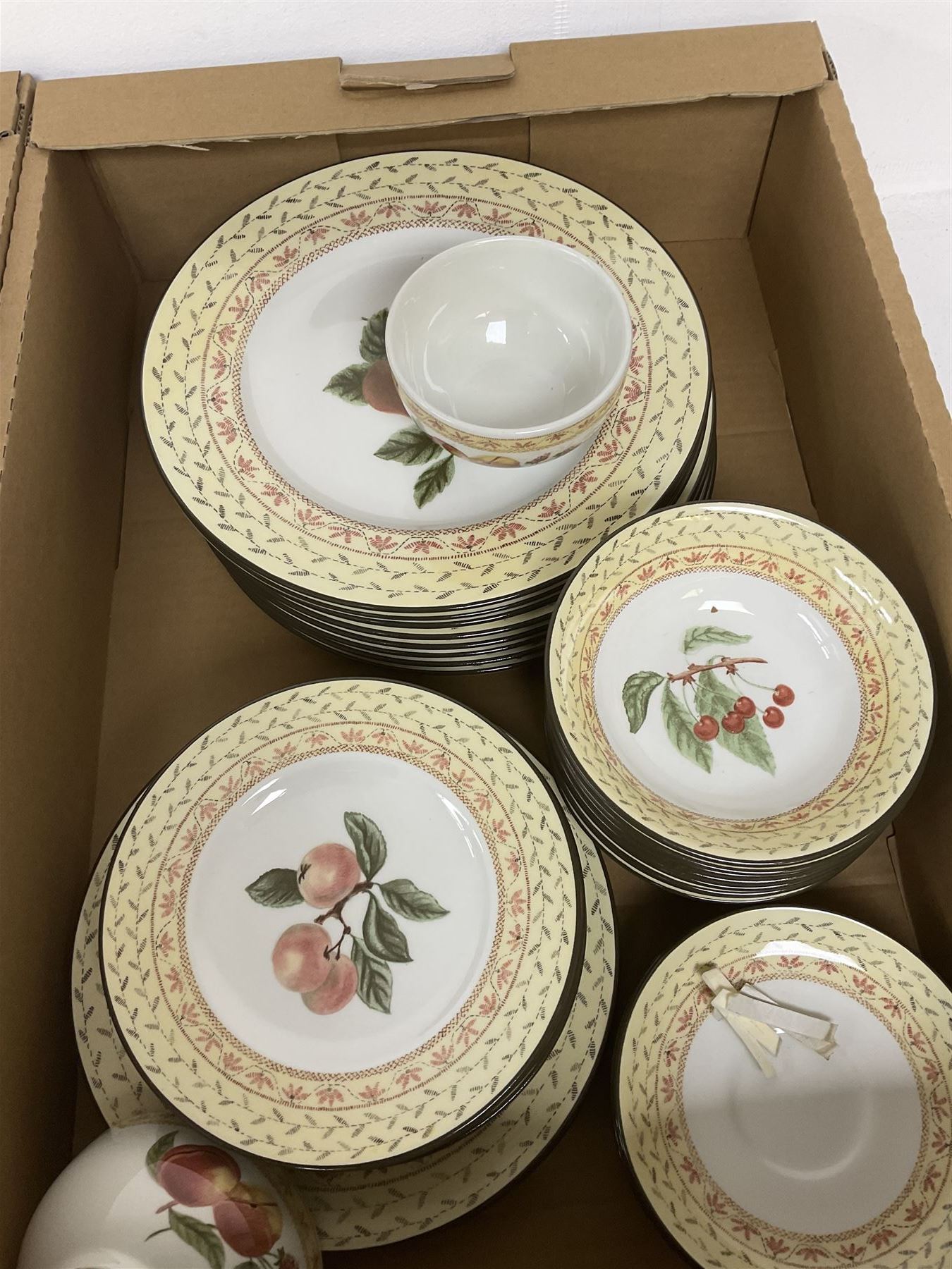 Johnson Bros part dinner service decorated with fruit, together with an Alfred Meakin part tea and dinner service, in two boxes 