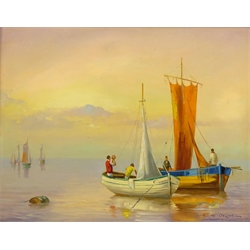  Moored Fishing Boats at Sunset, oil on board signed by Alexander Wilson (British 20th century) 40cm x 50cm  