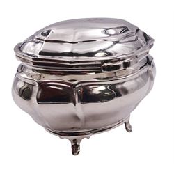 Edwardian silver tea caddy of bombe form, the hinged cover engraved with lion crest, upon four paw feet, hallmarked Goldsmiths & Silversmiths Co Ltd, London 1908, H8.5cm W10cm, approximate weight 5.25 ozt (163.2 grams)