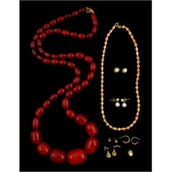 9ct gold stone set jewellery including coral and bead necklace, similar pair of earrings, pair of pearl pendant stud earrings and a graduating cherry amber type necklace
