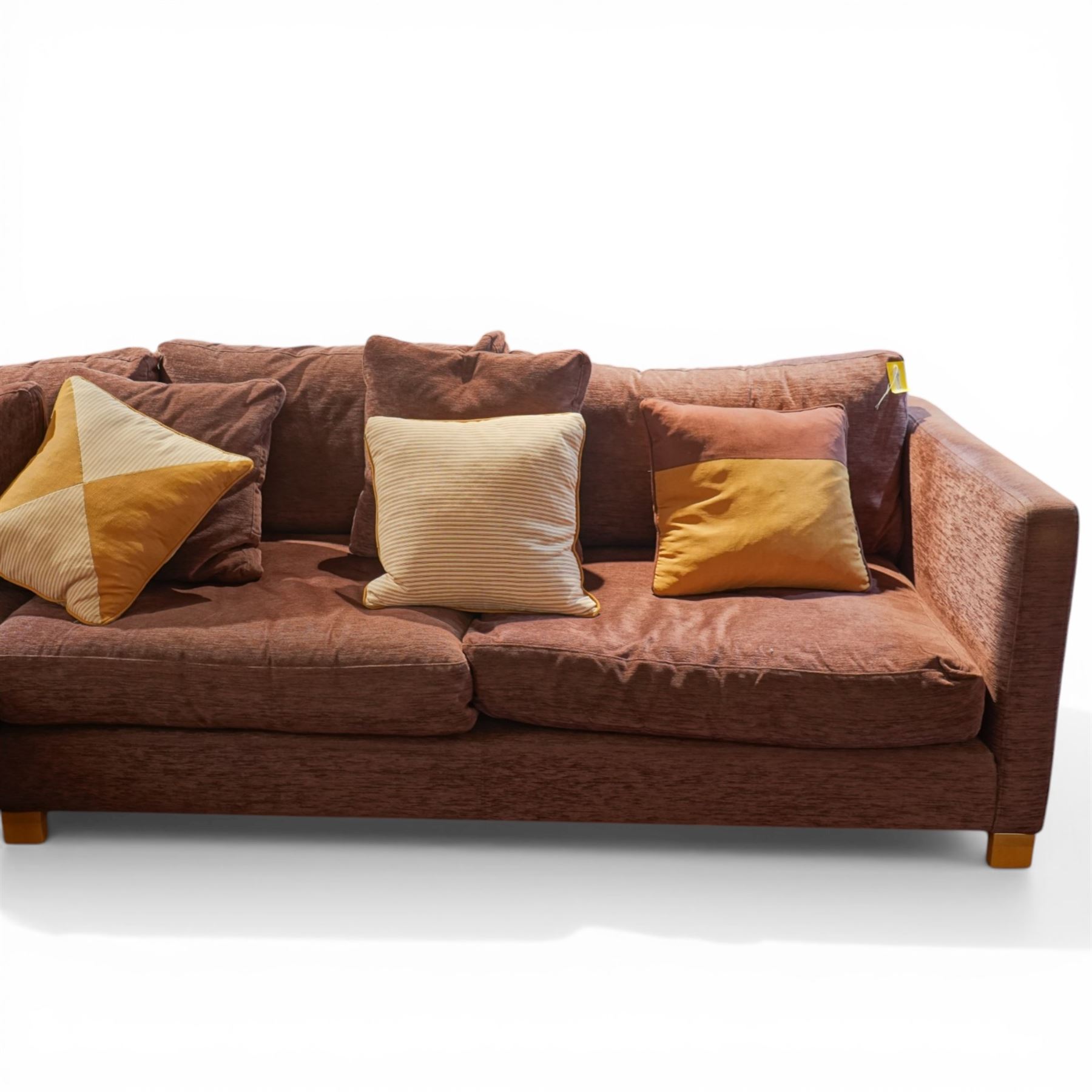 Orior - corner sofa upholstered in plum fabric, loose cushions and various scatter cushions, light wood stained feet