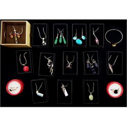 Silver stone set jewellery including thirteen necklaces, four pairs of earrings, bangle and two rings and other costume jewellery including seven necklaces, suit of crystal jewellery and pair of earrings
