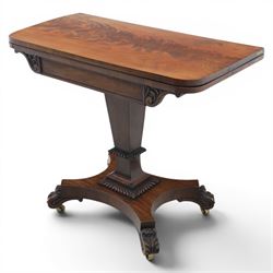 Victorian figured mahogany side table, fold-over swivel extending top, tapering square column above quatrefoil base