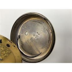 Victorian silver pair cased fusee lever pocket watch, No. 6765, cream enamel dial with Roman numerals, case makers mark R.S, Birmingham 1861, on silver Albert chain